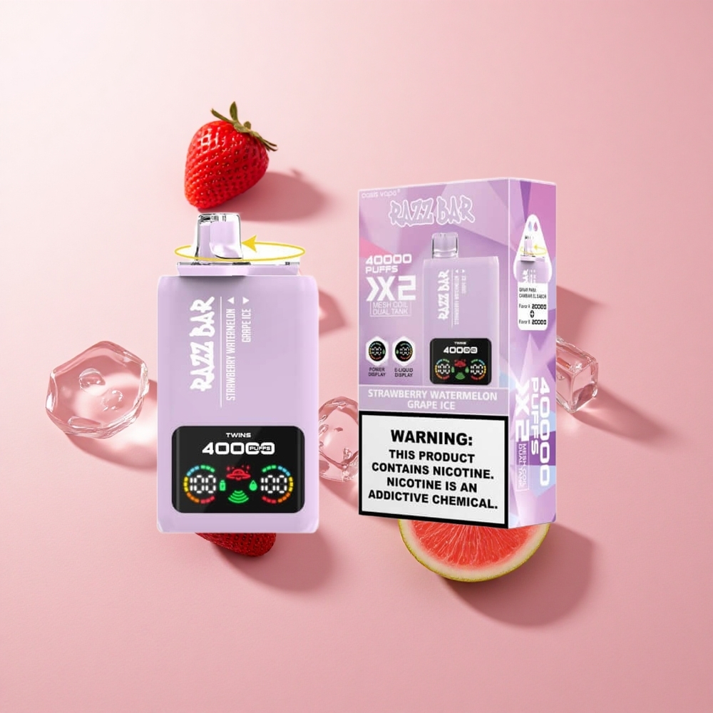 Razz Bar 40000 Puffs Eldobható Vape Eper-Görögdinnye_Szőlő Jég TFT Kijelző 650 MaH Type-C Port 2%,5% Nikotintartalom Razz Bar 40000 Puffs Eldobható Vape Eper-Görögdinnye_Szőlő Jég TFT Kijelző 650 MaH Type-C Port 2%,5% Nikotintartalom
