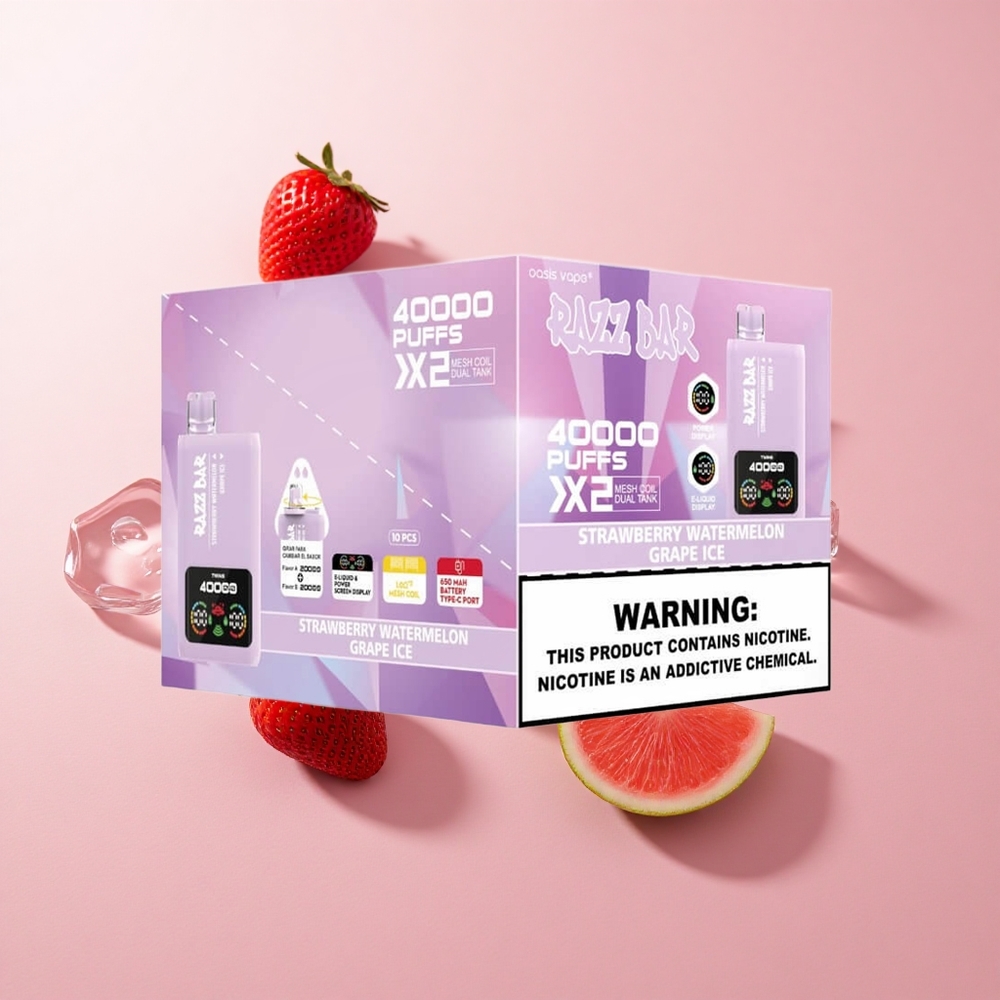 Razz Bar 40000 Puffs Eldobható Vape Eper-Görögdinnye_Szőlő Jég TFT Kijelző 650 MaH Type-C Port 2%,5% Nikotintartalom