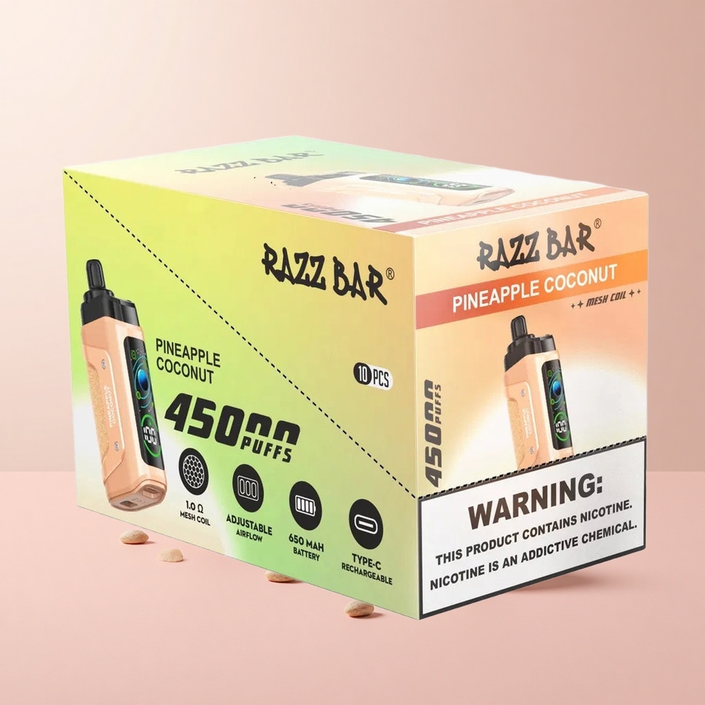 Razz Bar 45000 Puffs Ananászos kókusz Eldobható E-cigaretta Beállítható Légáramlással és 20 mg/ml Nikotinerősséggel