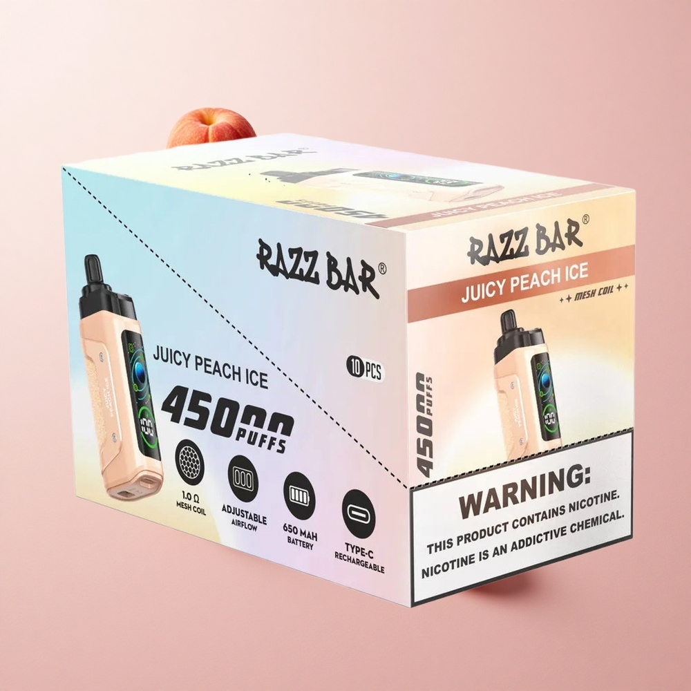 Razz Bar 45000 Puffs Elszívható E-szigi Juicy Peach Jég és Áfonya, Beállítható Légáramlás, 20 mg/ml Nikotin