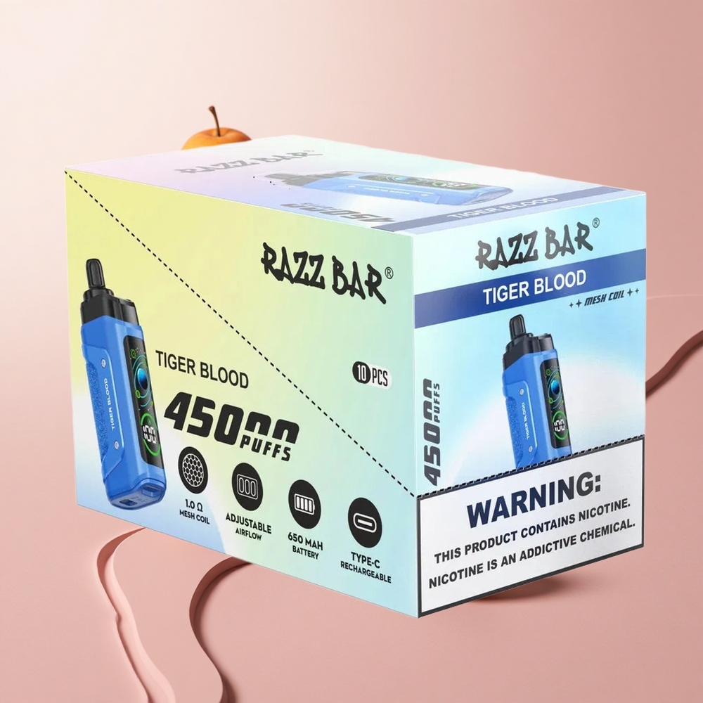 Razz Bar 45000 Puffs Tiger Vér és Málna Eldobható E-pohár Beállítható Légáramlással és Type-C Töltéssel