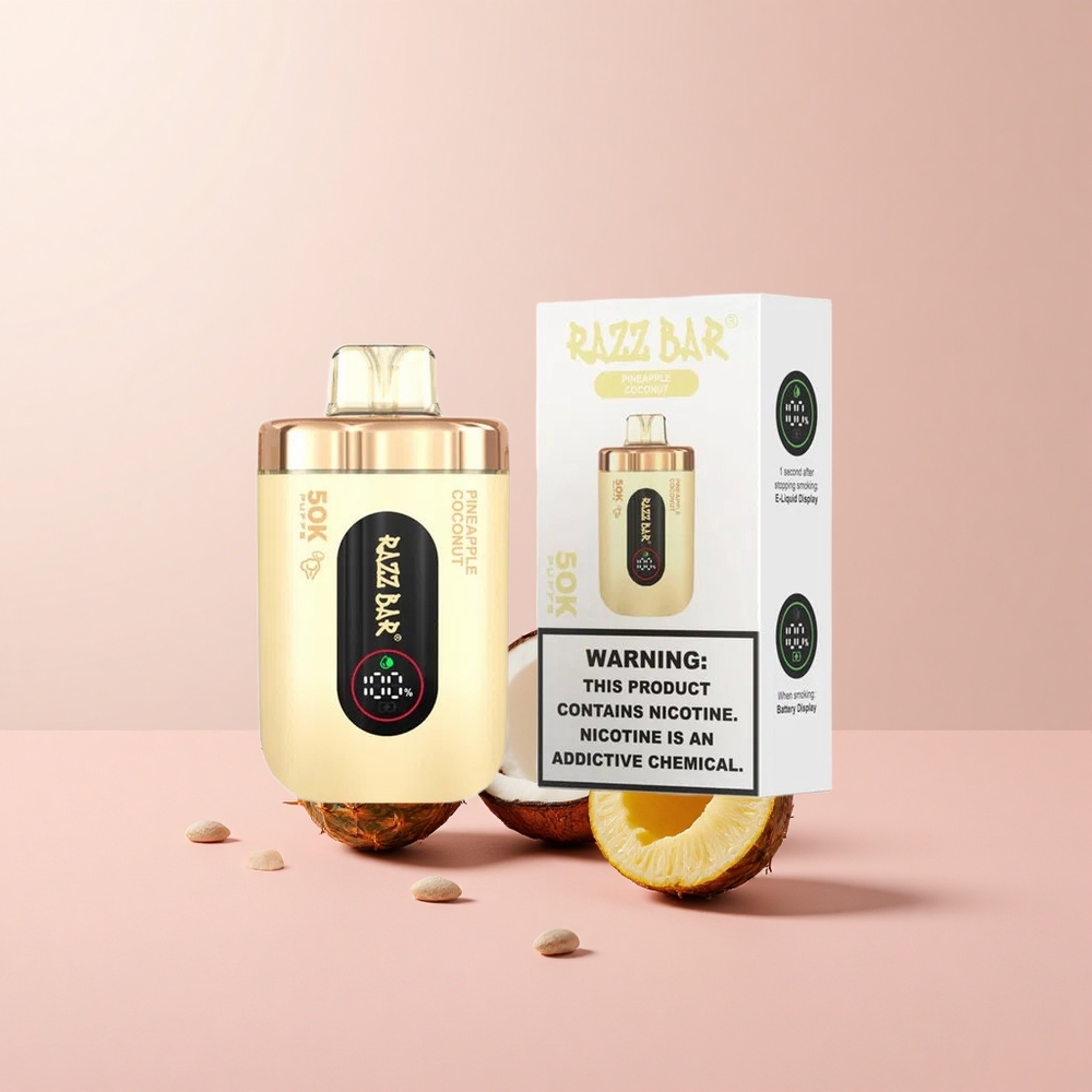 Razz Bar 50K Puffs Eldobható E-cigaretta Ananász-Kókusz 650 mAh Akkumulátor USB-C feltöltés 2% Nikotintartalom Razz Bar 50K Puffs Eldobható E-cigaretta Ananász-Kókusz 650 mAh Akkumulátor USB-C feltöltés 2% Nikotintartalom