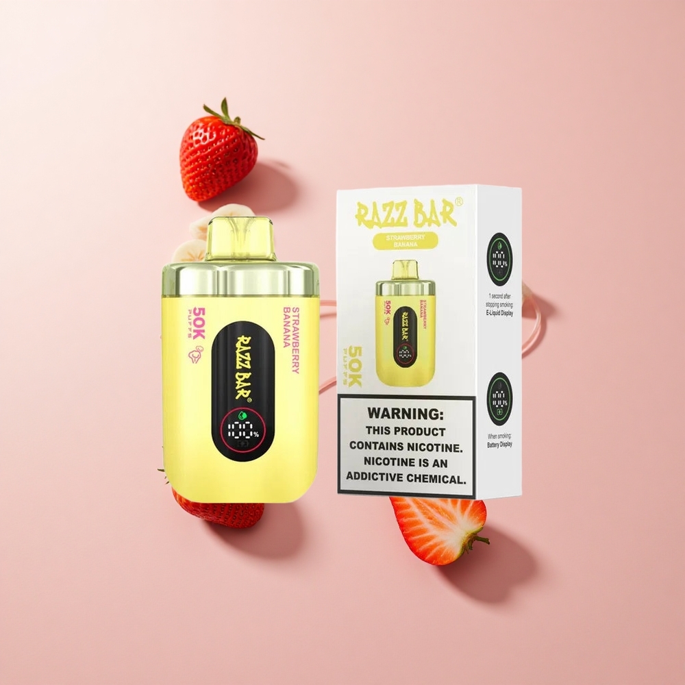 Razz Bar 50K Puffs Eldobható E-cigaretta Eper-Banán kombináció 50000 Puffs és Type-C feltöltés Razz Bar 50K Puffs Eldobható E-cigaretta Eper-Banán kombináció 50000 Puffs és Type-C feltöltés