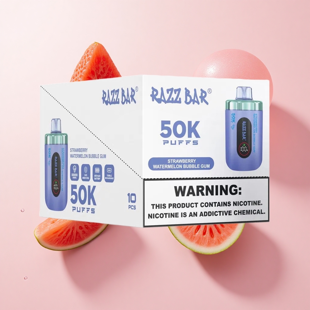 Razz Bar 50K Puffs Eldobható E-cigaretta Eper Dinnye Buborék Rágó 1.0 Ohm Mesh Coil Type-C Tölthető