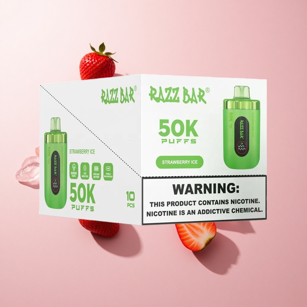 Razz Bar 50K Puffs Eldobható E-cigaretta Eper Jég és Ribizli – 50000 Puffs, Típus-C töltés