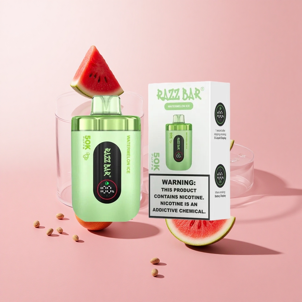 Razz Bar 50K Puffs Eldobható E-cigaretta Görögdinnye Jég és Málna, 50000 Puffs, Típus-C Töltés Razz Bar 50K Puffs Eldobható E-cigaretta Görögdinnye Jég és Málna, 50000 Puffs, Típus-C Töltés