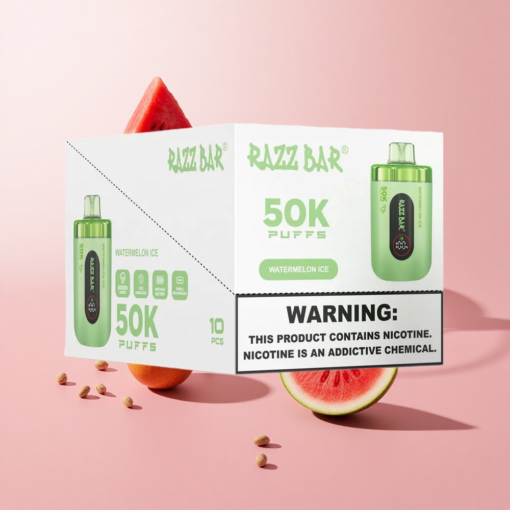 Razz Bar 50K Puffs Eldobható E-cigaretta Görögdinnye Jég és Málna, 50000 Puffs, Típus-C Töltés