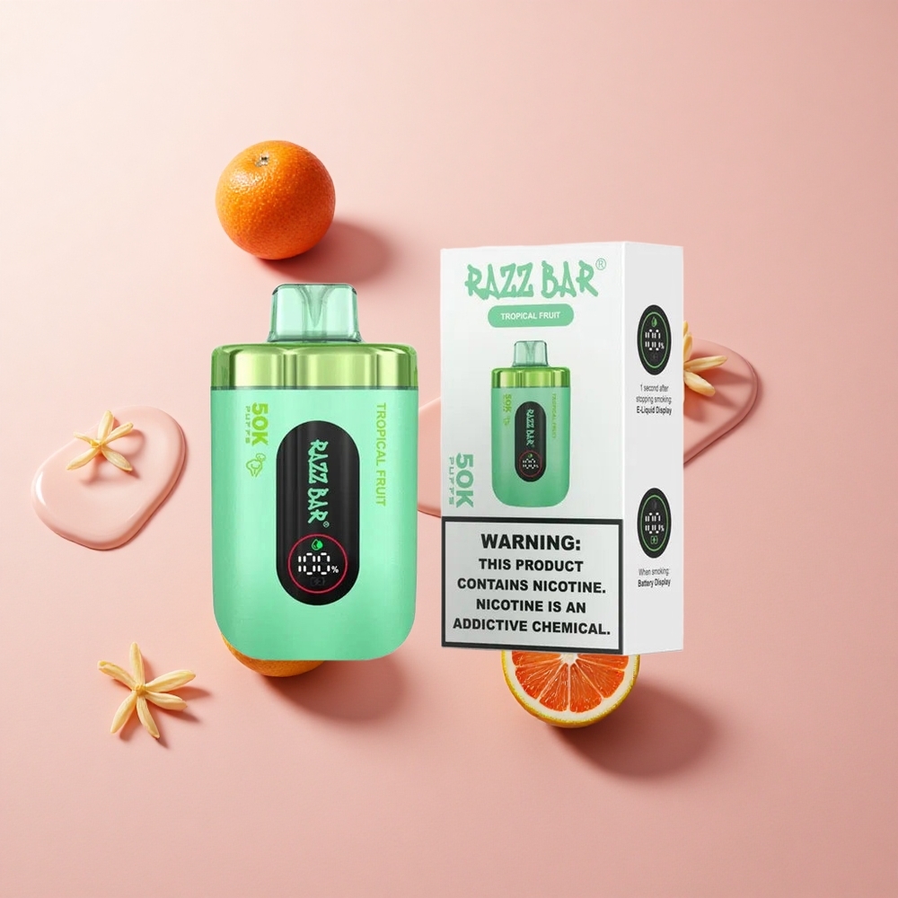 Razz Bar 50K Puffs Eldobható E-cigaretta Trópusi Gyümölcs és Málna íz, 50000 Puffs, Type-C Töltés Razz Bar 50K Puffs Eldobható E-cigaretta Trópusi Gyümölcs és Málna íz, 50000 Puffs, Type-C Töltés