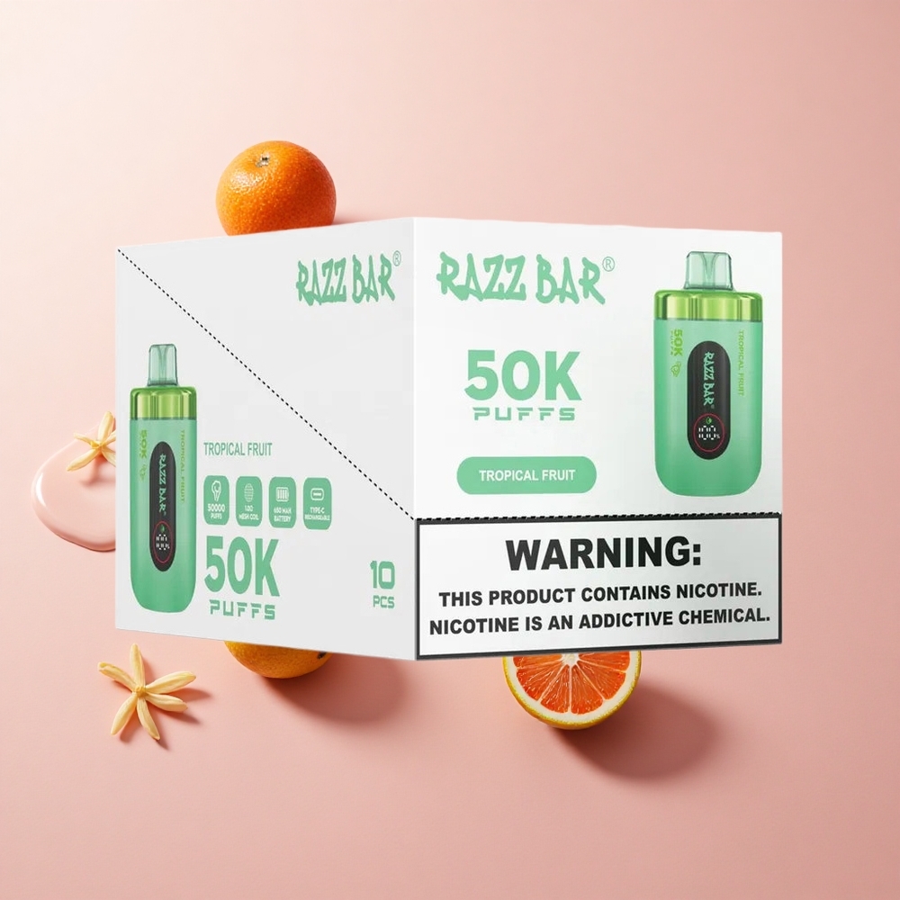 Razz Bar 50K Puffs Eldobható E-cigaretta Trópusi Gyümölcs és Málna íz, 50000 Puffs, Type-C Töltés