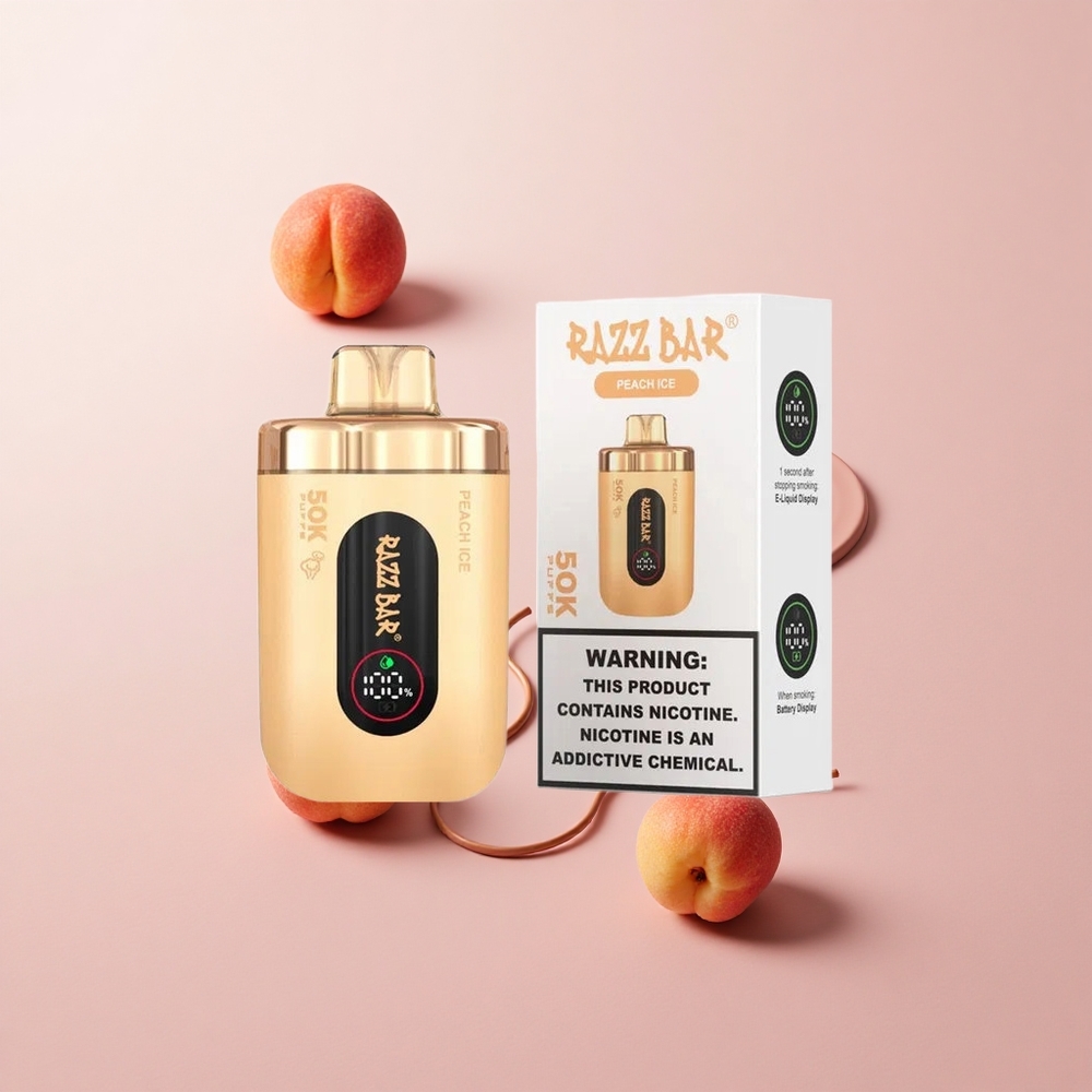 Razz Bar 50K Puffs Eldobható E-cigaretta Őszibarack-Jég és Ribizli, 50000 Puffs, 1.0 Ohm Mesh Coil Razz Bar 50K Puffs Eldobható E-cigaretta Őszibarack-Jég és Ribizli, 50000 Puffs, 1.0 Ohm Mesh Coil