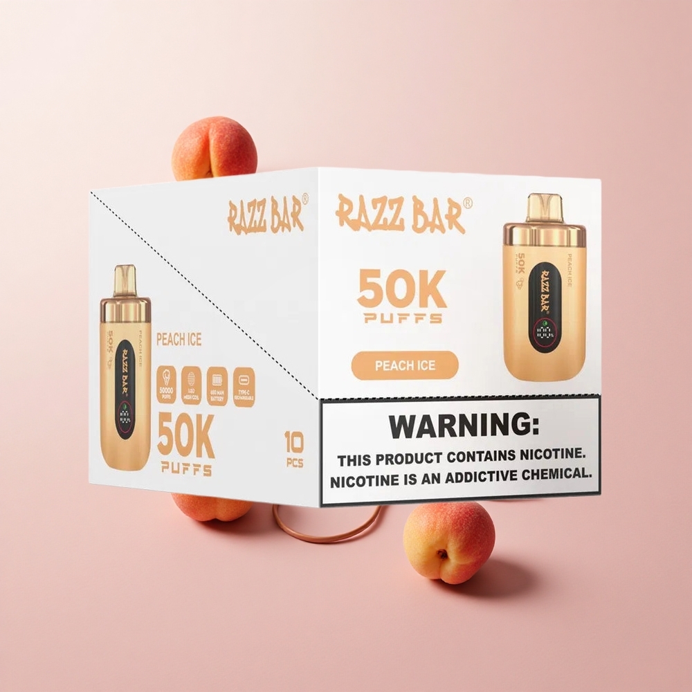 Razz Bar 50K Puffs Eldobható E-cigaretta Őszibarack-Jég és Ribizli, 50000 Puffs, 1.0 Ohm Mesh Coil